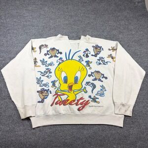 Vintage 1994 Tweety Bird Looney Tunes Freeze Sweatshirt White Cut Neck 90s Large